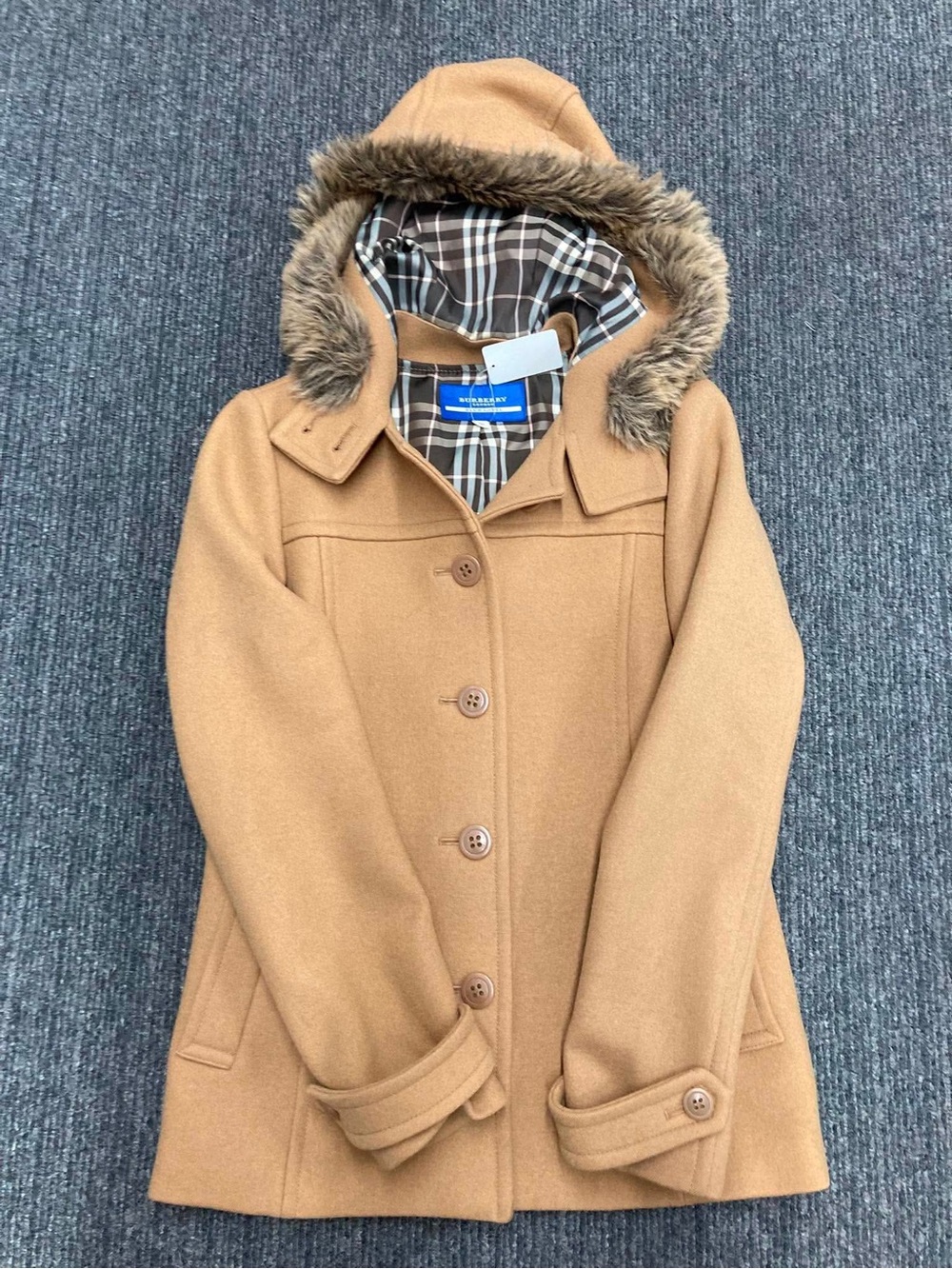 Burberry Camel Wool-Blend Hooded Pea Coat with Faux Fur Trim